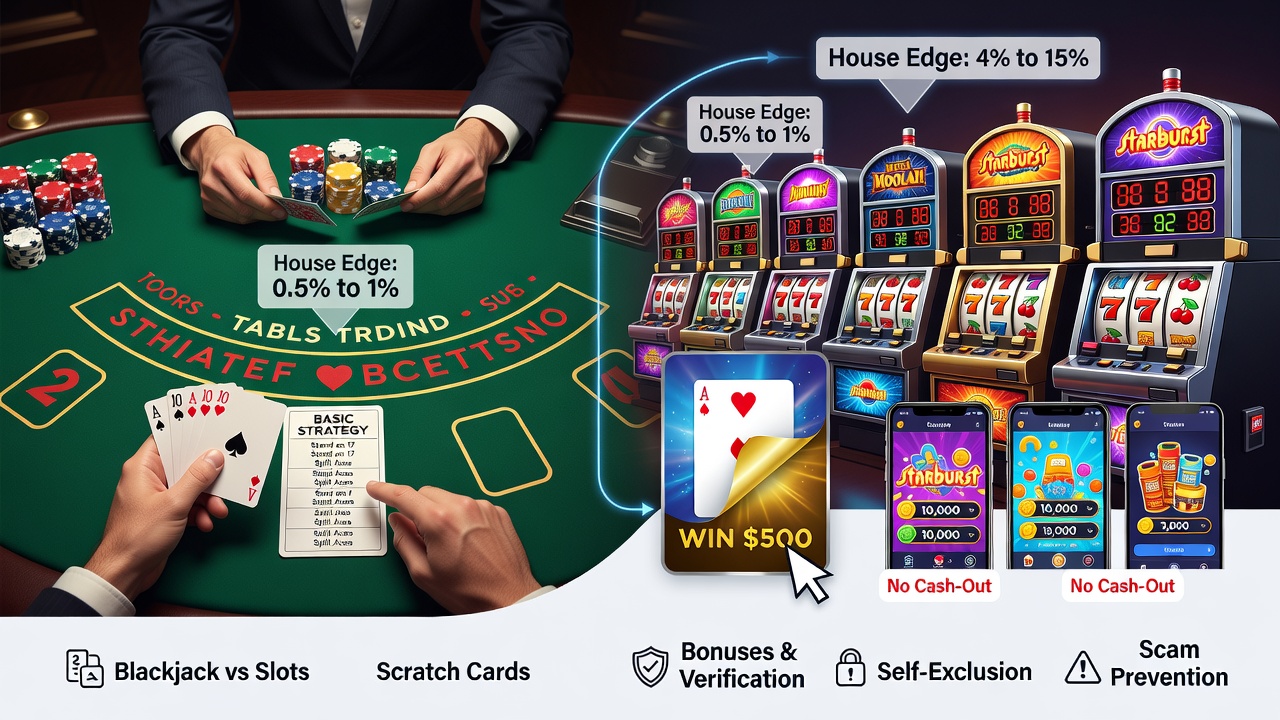 Online Casinos Explained: Blackjack vs Slots, Scratch Cards, Bonuses, Verification, Self-Exclusion and Scam Prevention
